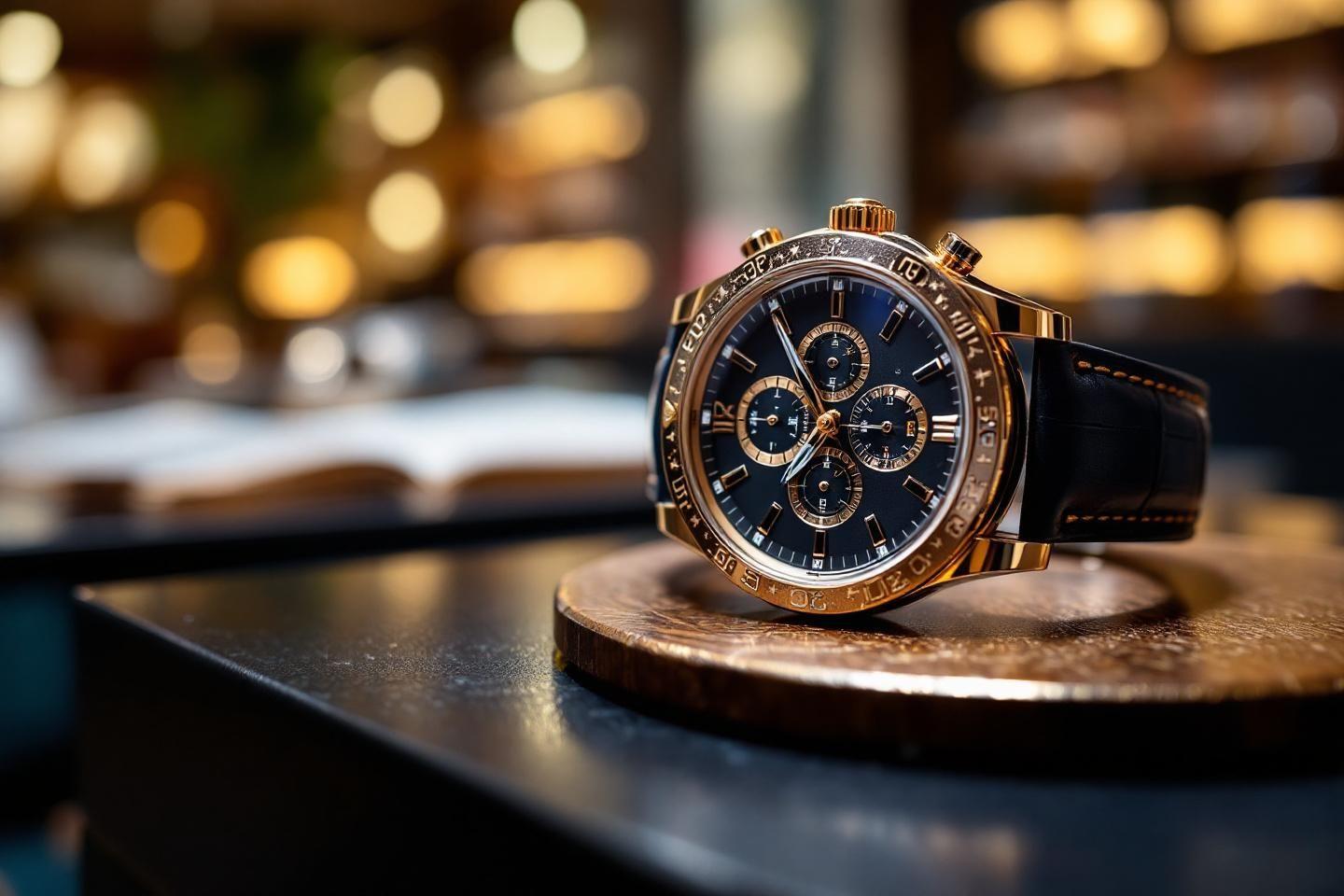 Montre chronographe élégante sur support en bois