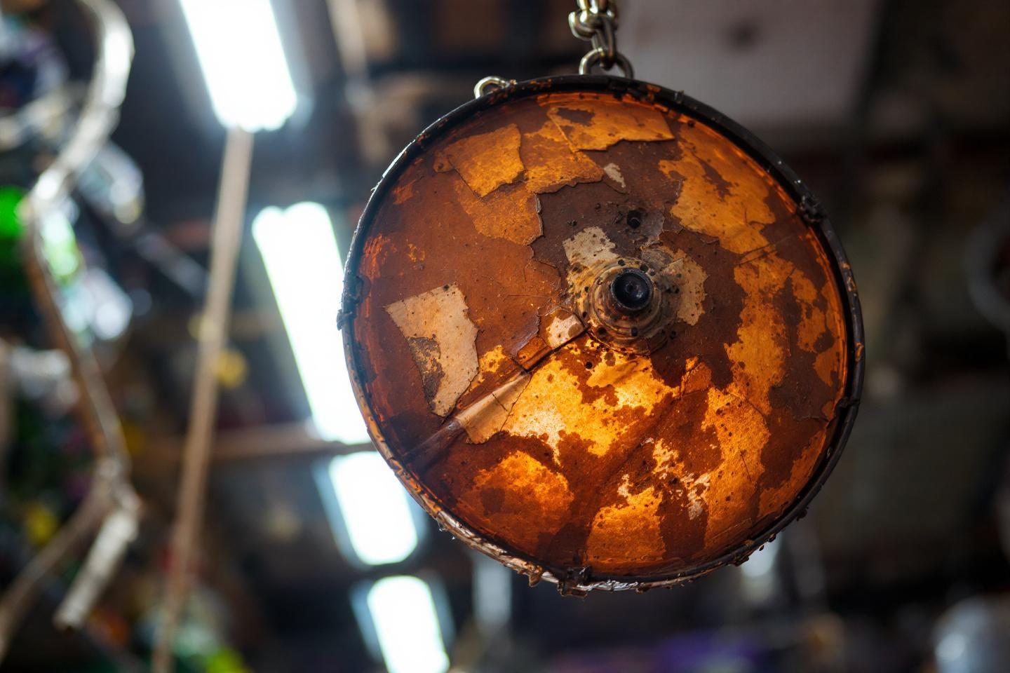 Vieux globe métallique orangé abîmé avec surface écaillée