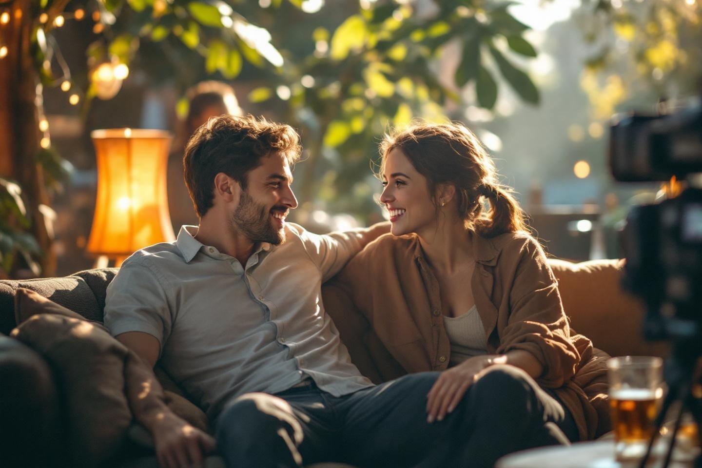 Couple souriant, assis ensemble sur un canapé confortable