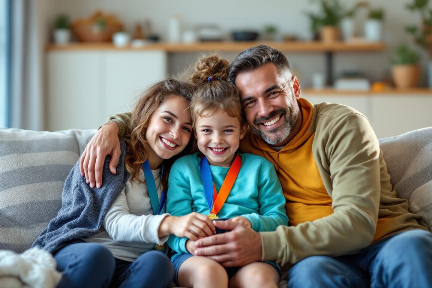 Parents et enfant souriants, médaille, salon confortable