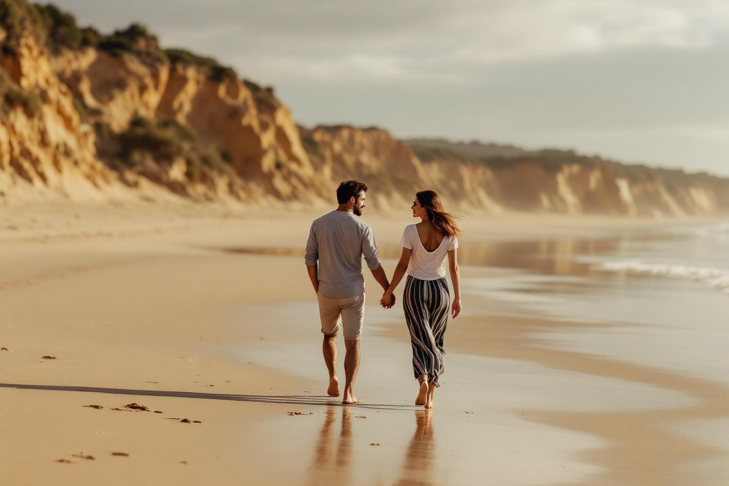 Couple marchant main dans la main sur une plage sablonneuse