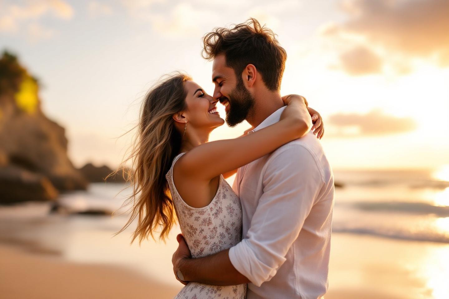 Couple amoureux enlacé sur une plage au crépuscule