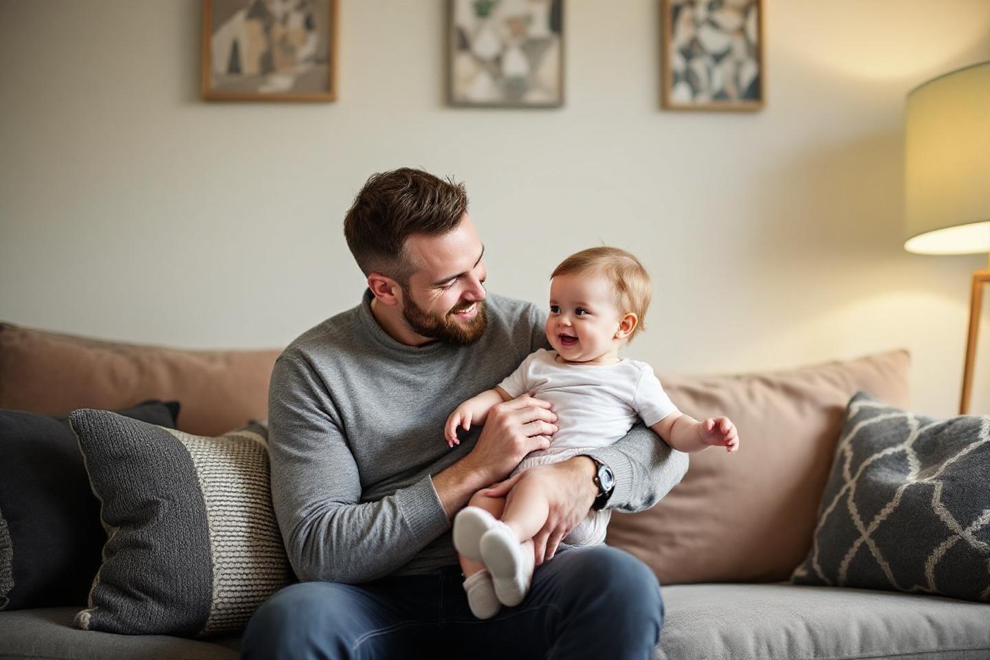 Homme souriant tenant un bébé joyeux sur un canapé