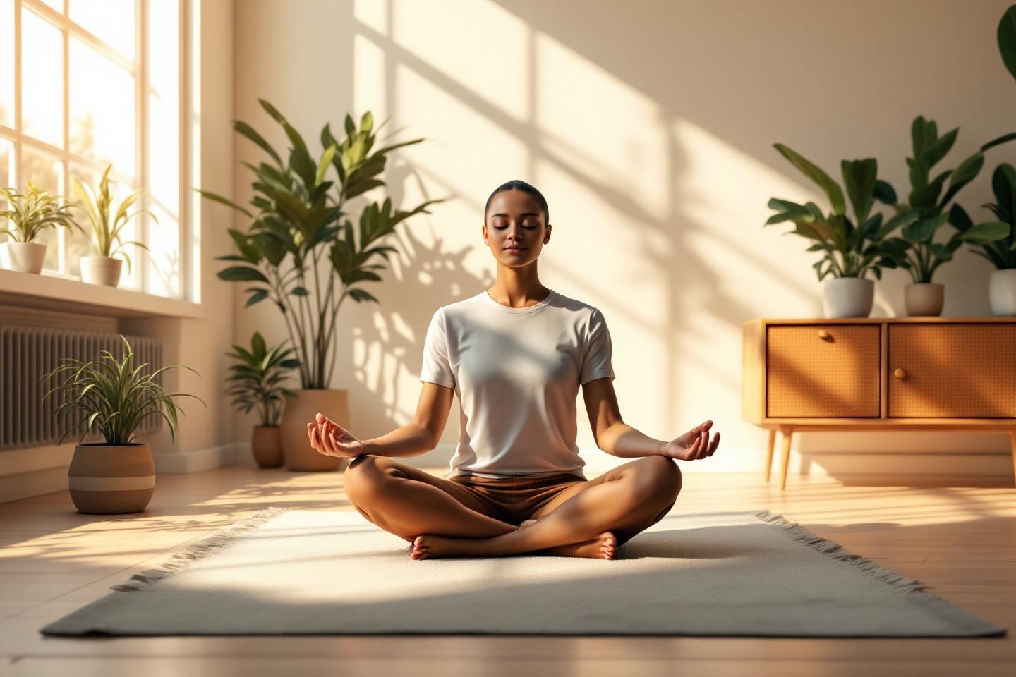 Femme méditant en position lotus dans un intérieur lumineux