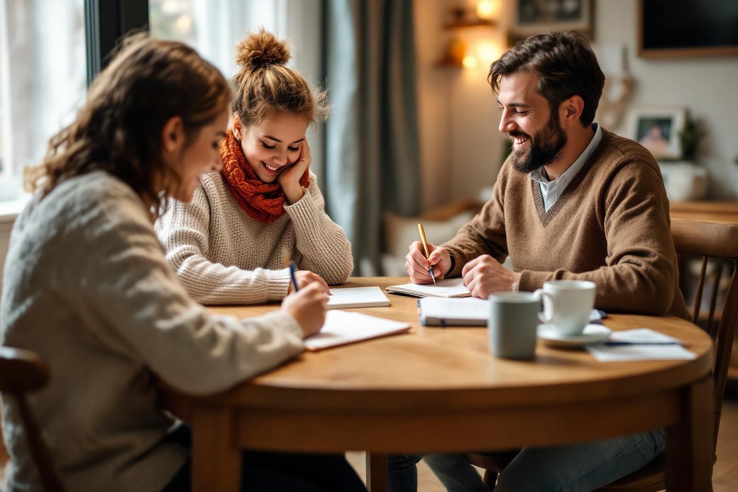 Trois personnes travaillant ensemble autour d'une table en bois