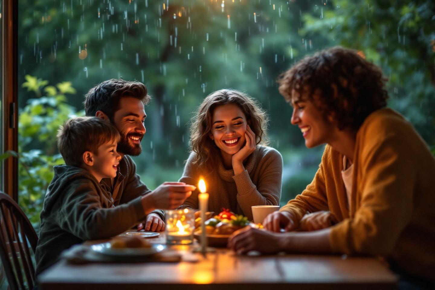 Famille souriante à table avec bougie, vue sur jardin pluvieux