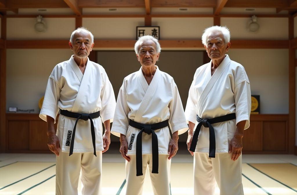 Trois aînés en kimono blanc et ceinture noire posent