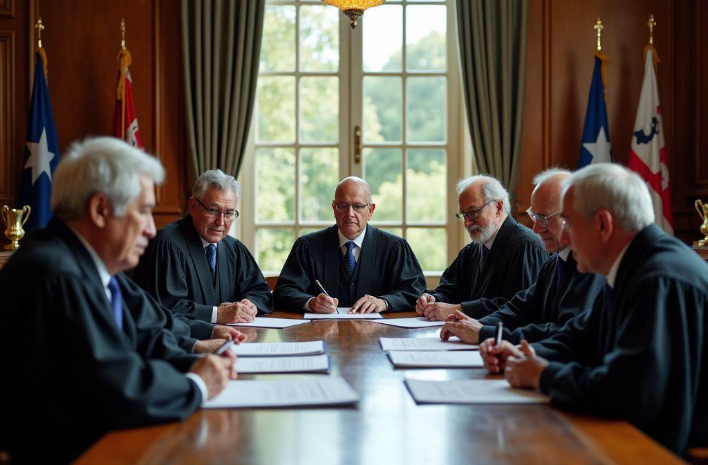 Juges siégeant autour d'une table dans un bureau officiel