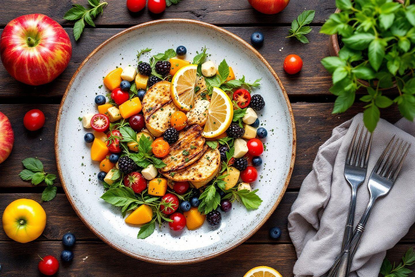Assiette avec fruits grillés, tomates cerises et baies fraîches