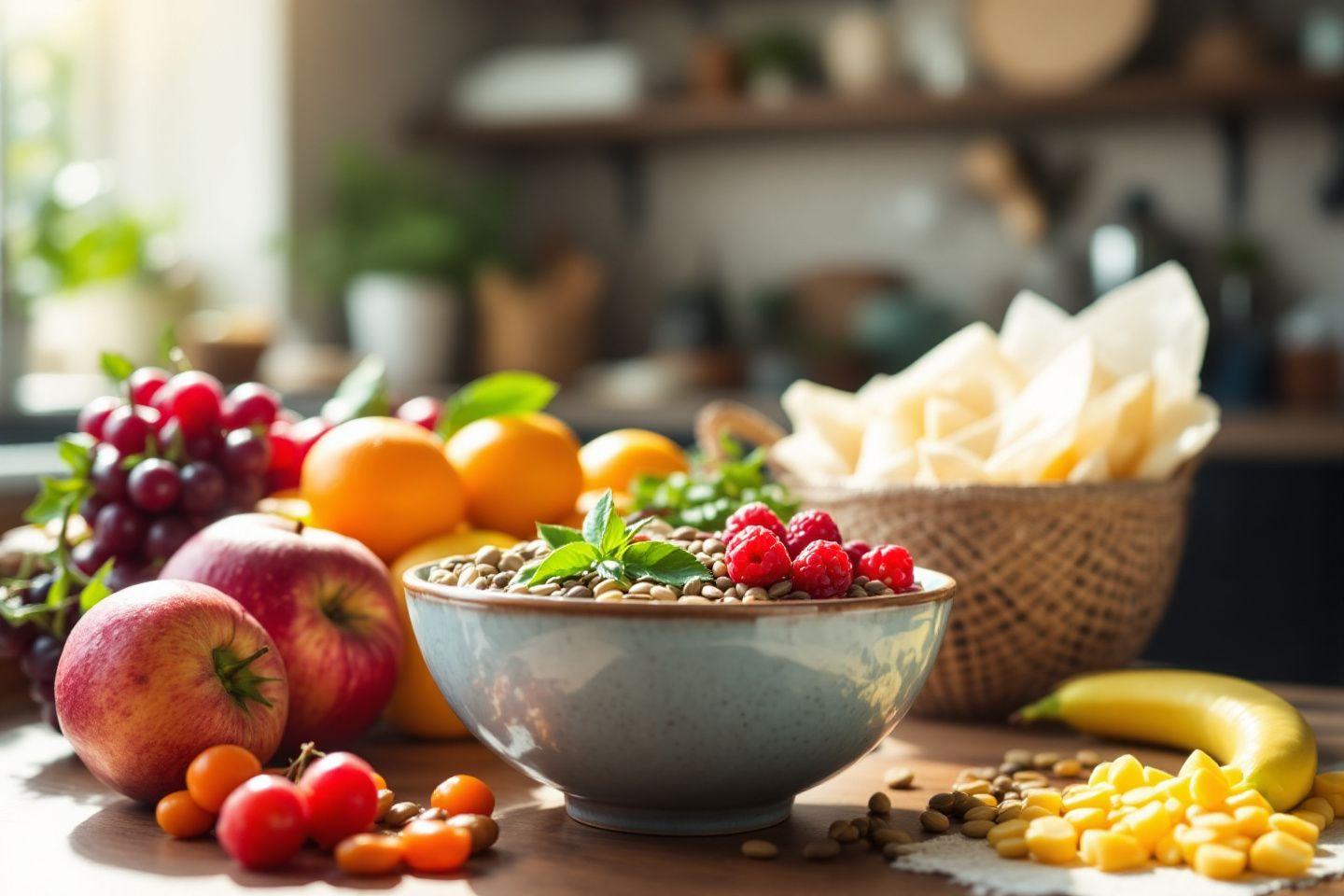 Divers fruits, graines et légumes disposés sur une table en bois