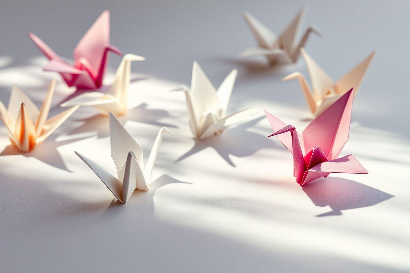 Plusieurs grues en papier pliées aux couleurs douces