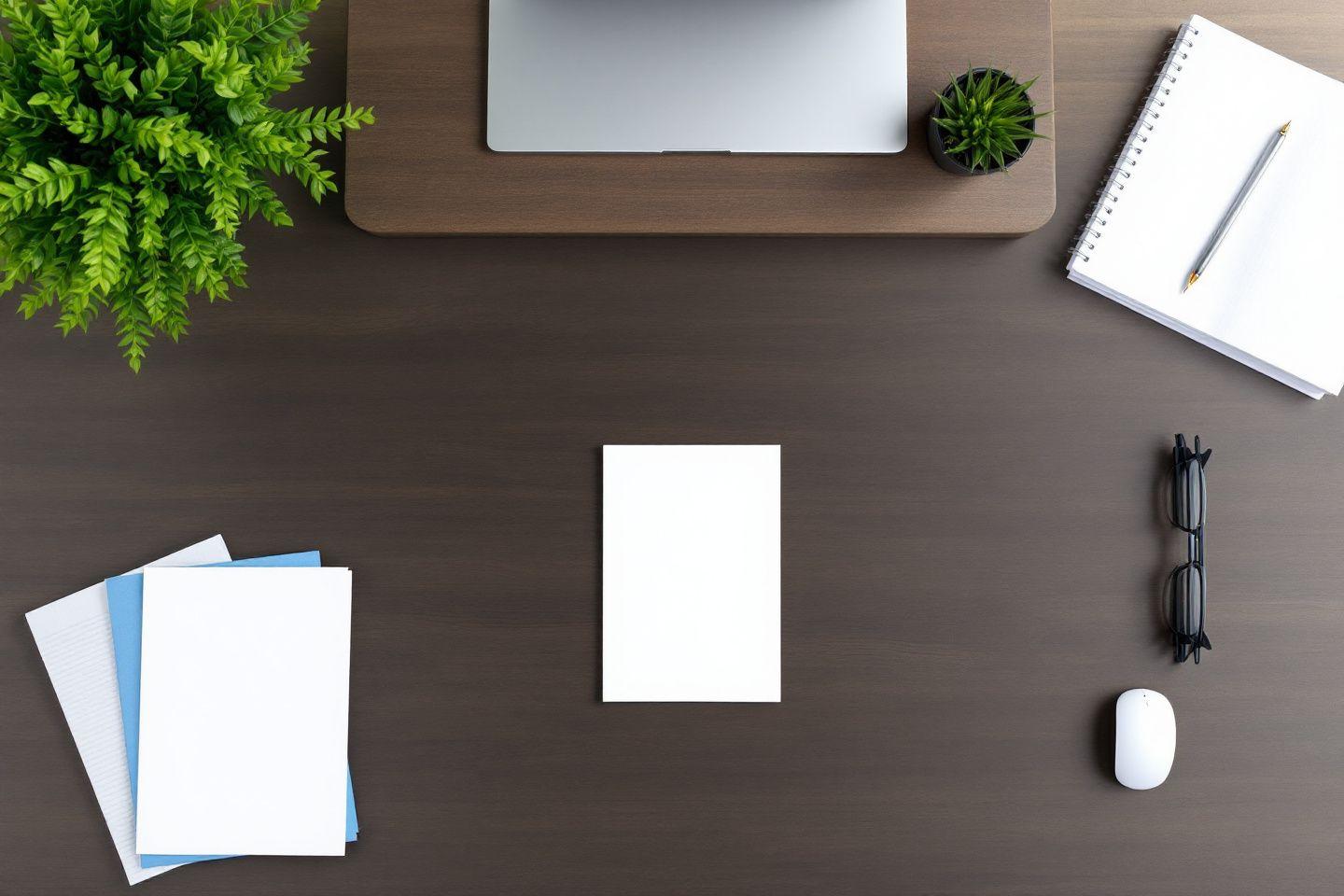 Bureau avec ordinateur, plantes, cahier, souris et lunettes