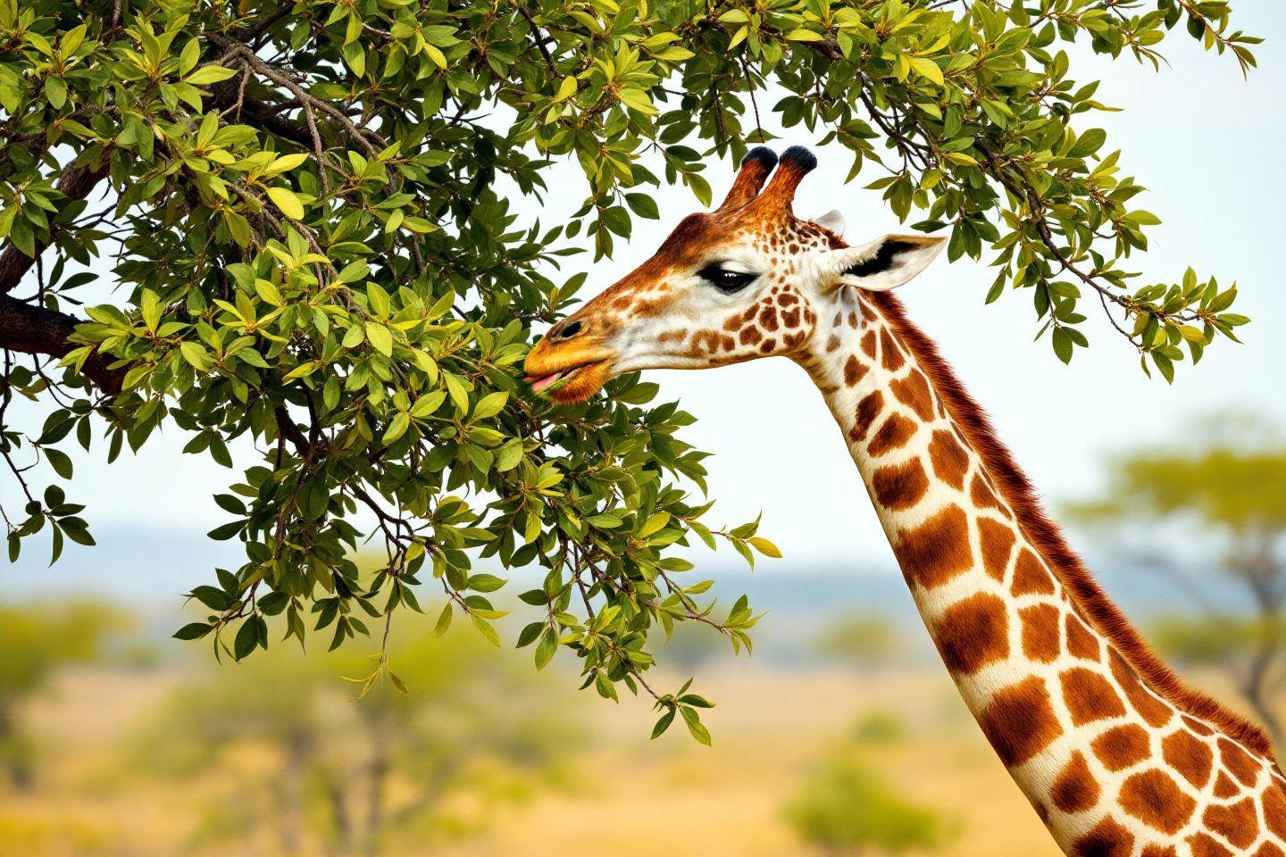Girafe aux motifs distinctifs broutant des feuilles vertes