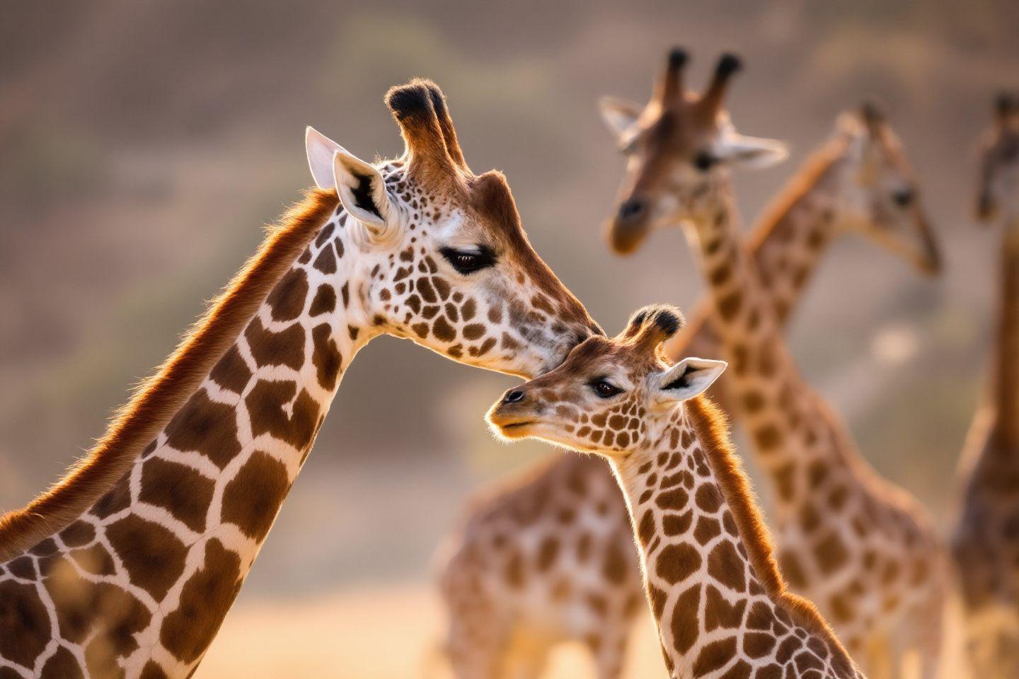 Deux girafes se touchant, affection maternelle dans la savane