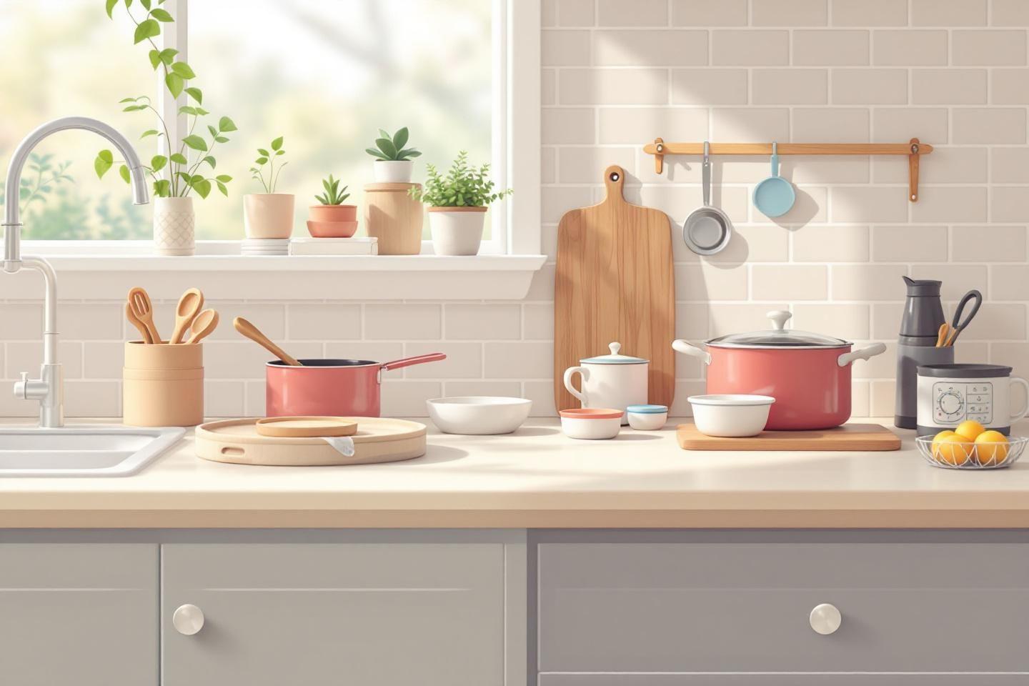 &Eacute;tag&egrave;re de cuisine avec plantes, ustensiles et vaisselle color&eacute;e