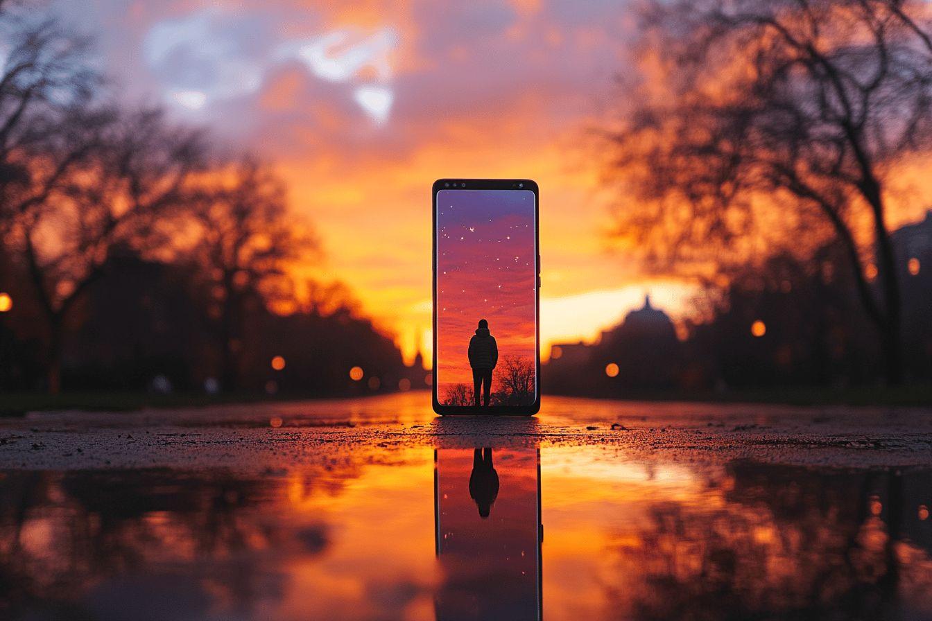 Smartphone reflétant une silhouette seule dans un coucher de soleil