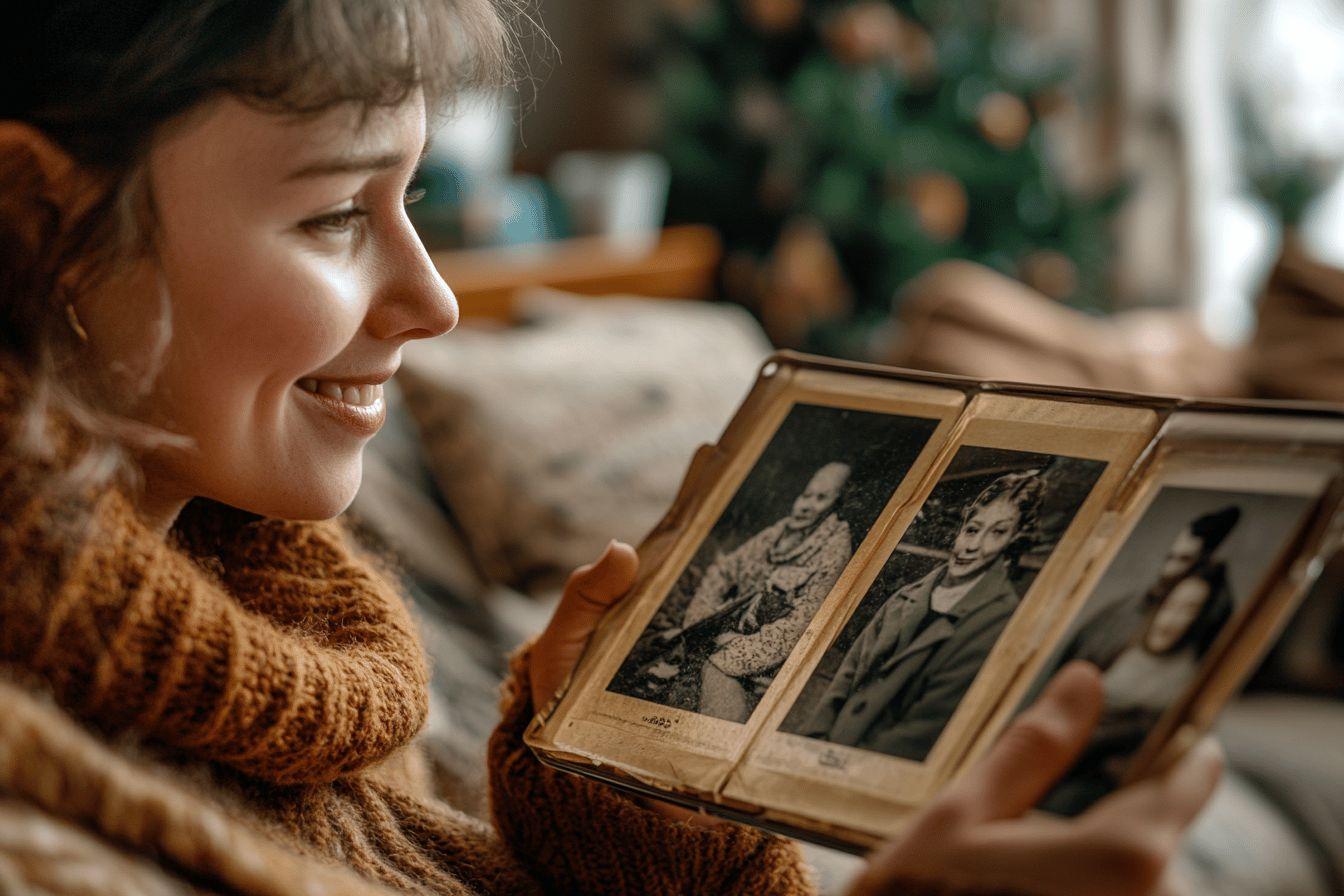 Jeune femme souriant en feuilletant un vieil album photo