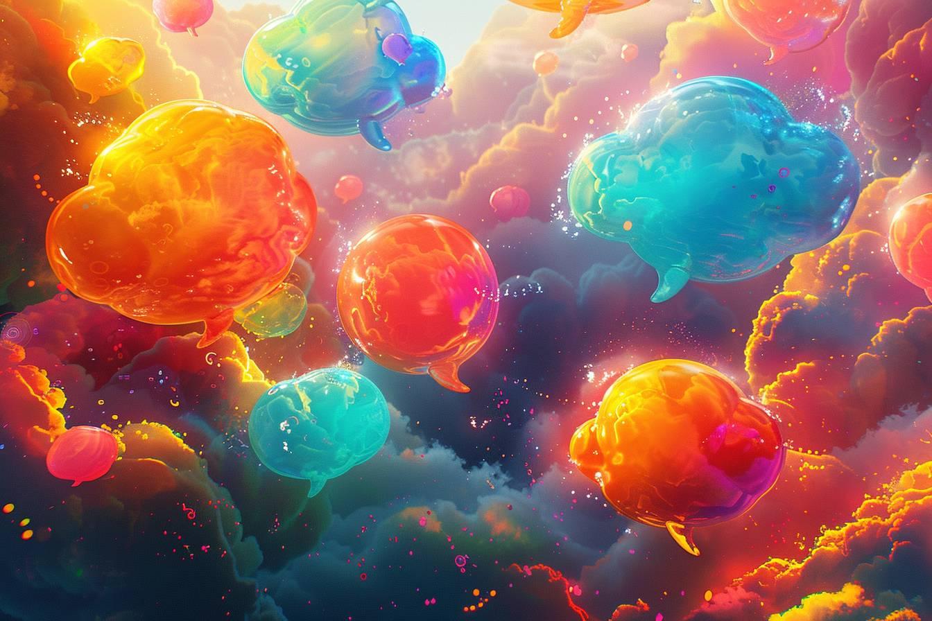 Bulles multicolores flottant dans un ciel nuageux et lumineux.
