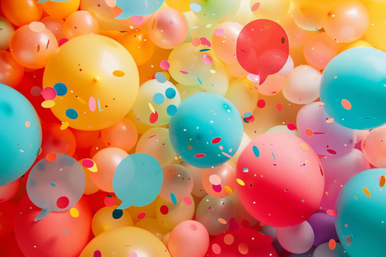 Amas de ballons color&eacute;s dispers&eacute;s avec des confettis volants