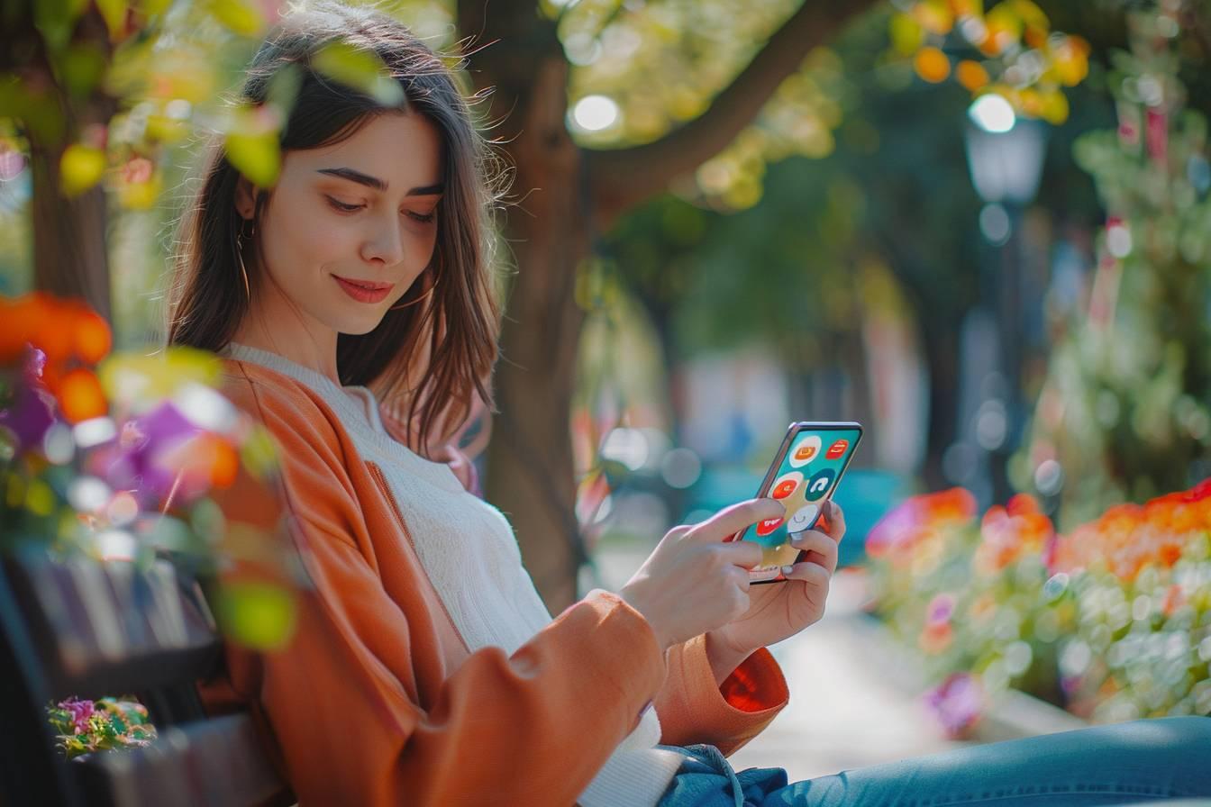 Une jeune femme souriante dans un environnement verdoyant et color&eacute;, tenant un smartphone.