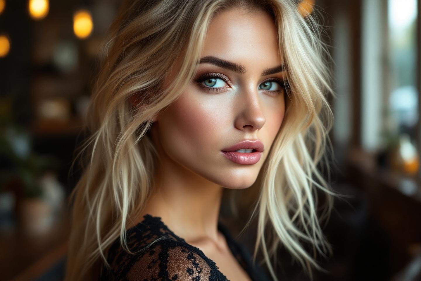 Gros plan visage femme blonde aux yeux bleus maquillage sophistiqu&eacute;