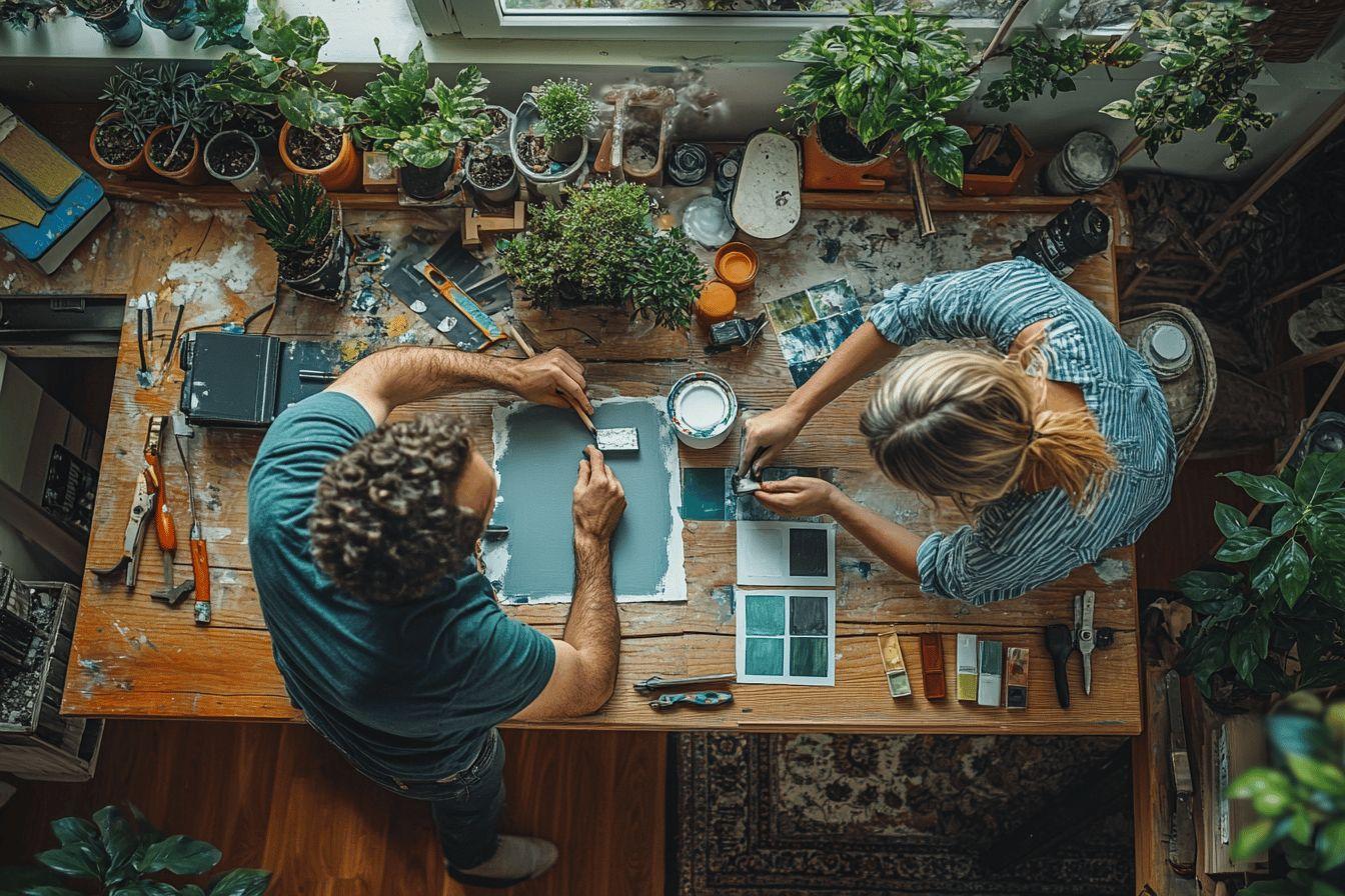 Deux personnes travaillant sur un projet créatif entourées de plantes