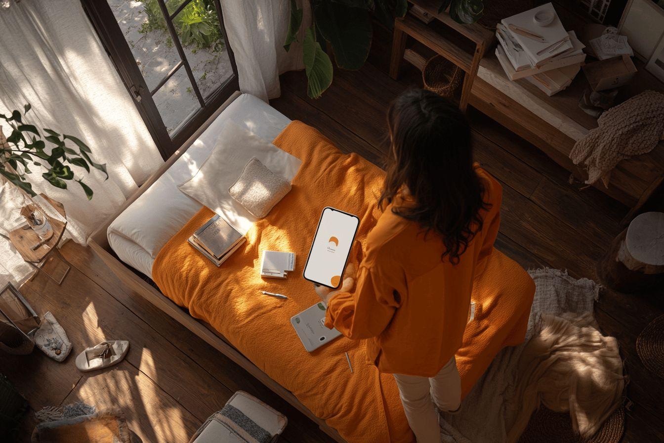Personne en orange travaillant sur un canapé avec smartphone et livres
