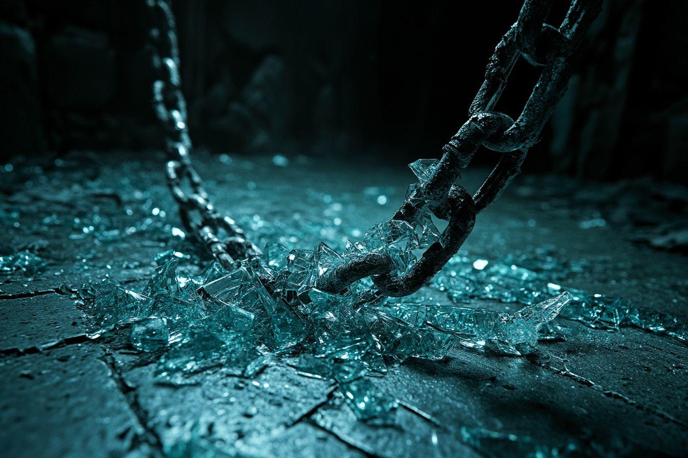 Cha&icirc;ne m&eacute;tallique sur surface de verre fragment&eacute; bleu-vert