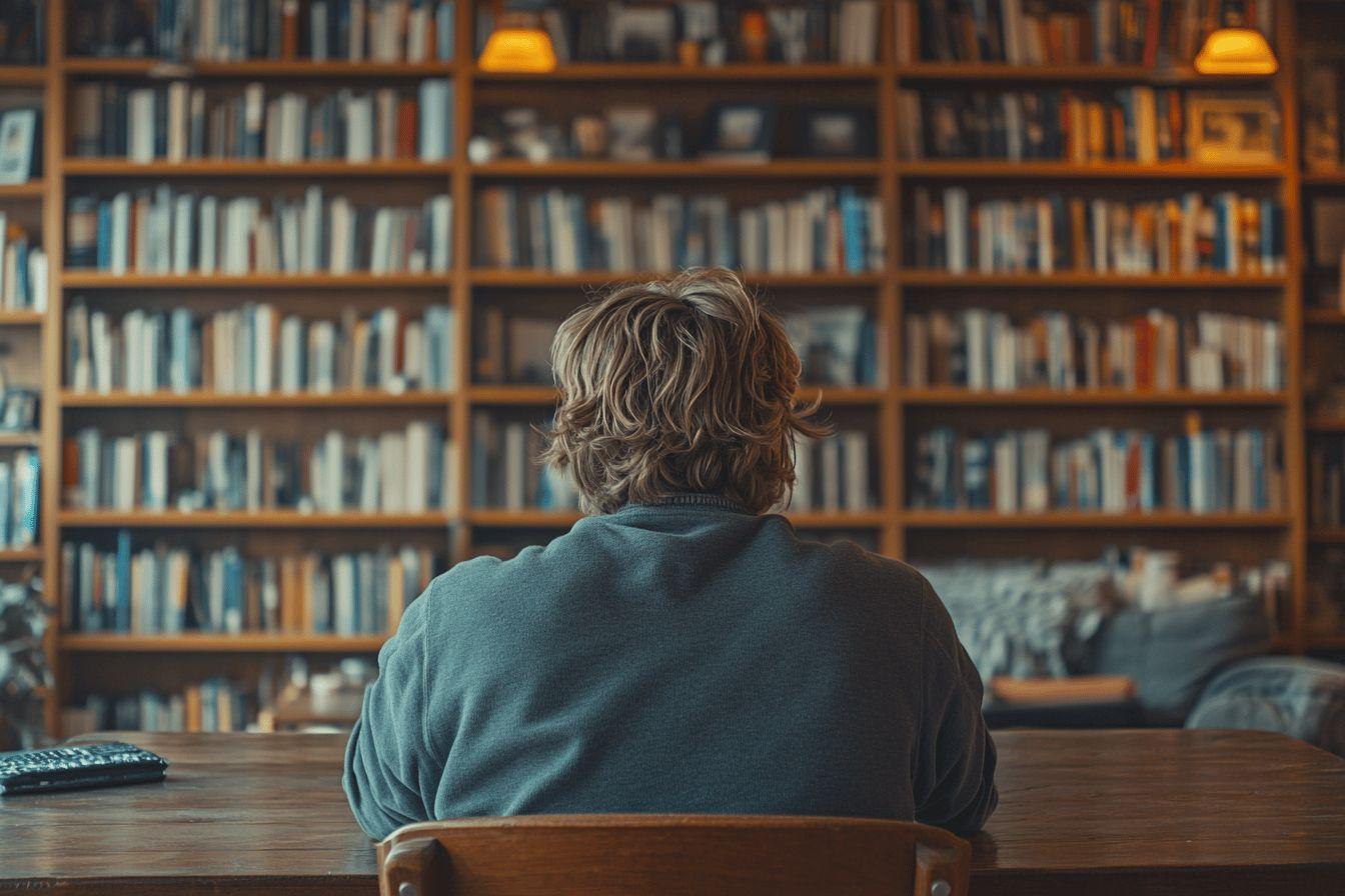 Dos d'une personne assise face &agrave; des &eacute;tag&egrave;res de livres