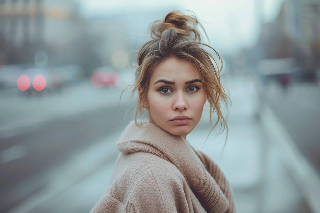 Portrait d'une jeune femme aux cheveux blonds dans une ambiance brumeuse