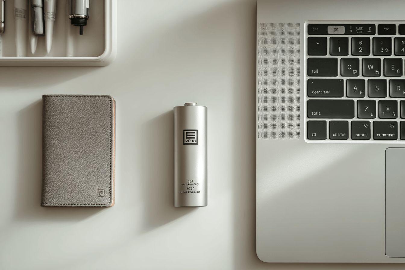 Carnet, batterie, stylos et ordinateur portable gris et blancs