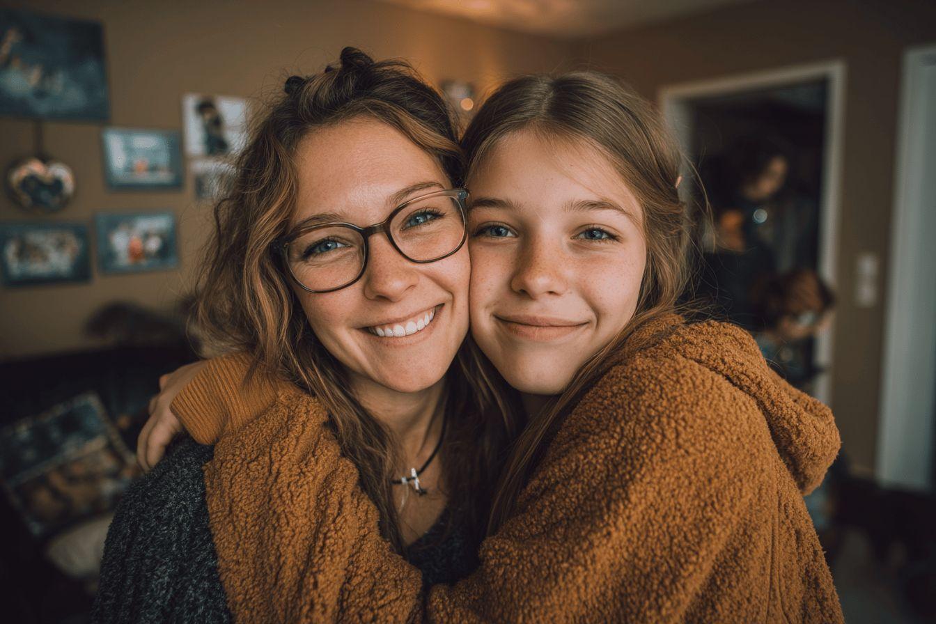 Deux personnes souriantes enlac&eacute;es, portant des pulls marron