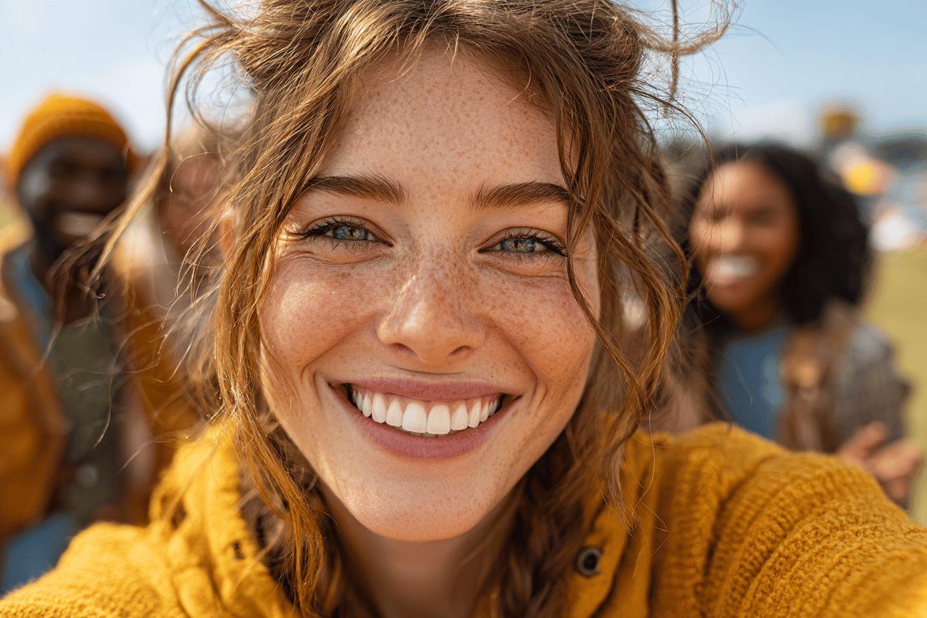 Sourire radieux en gros plan avec des personnes en arrière-plan