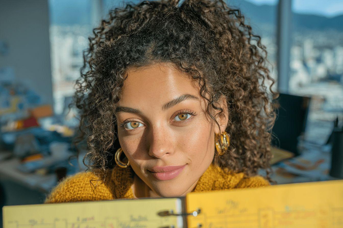 Femme aux cheveux bouclés, pull jaune, derrière un livre