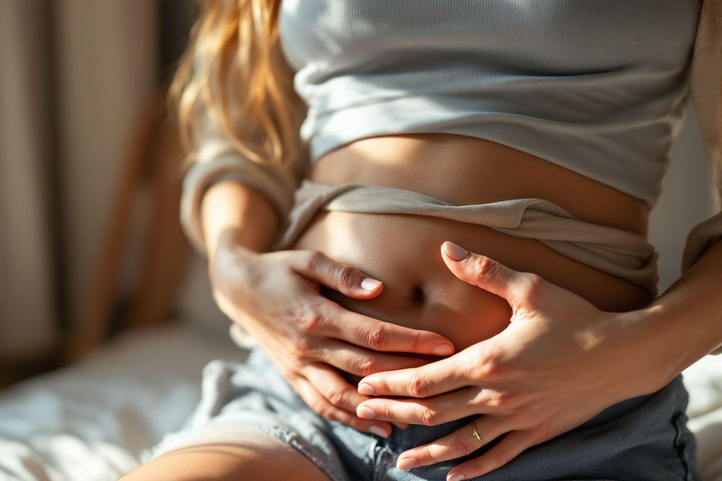 Gros plan sur un ventre de grossesse et des mains protectrices