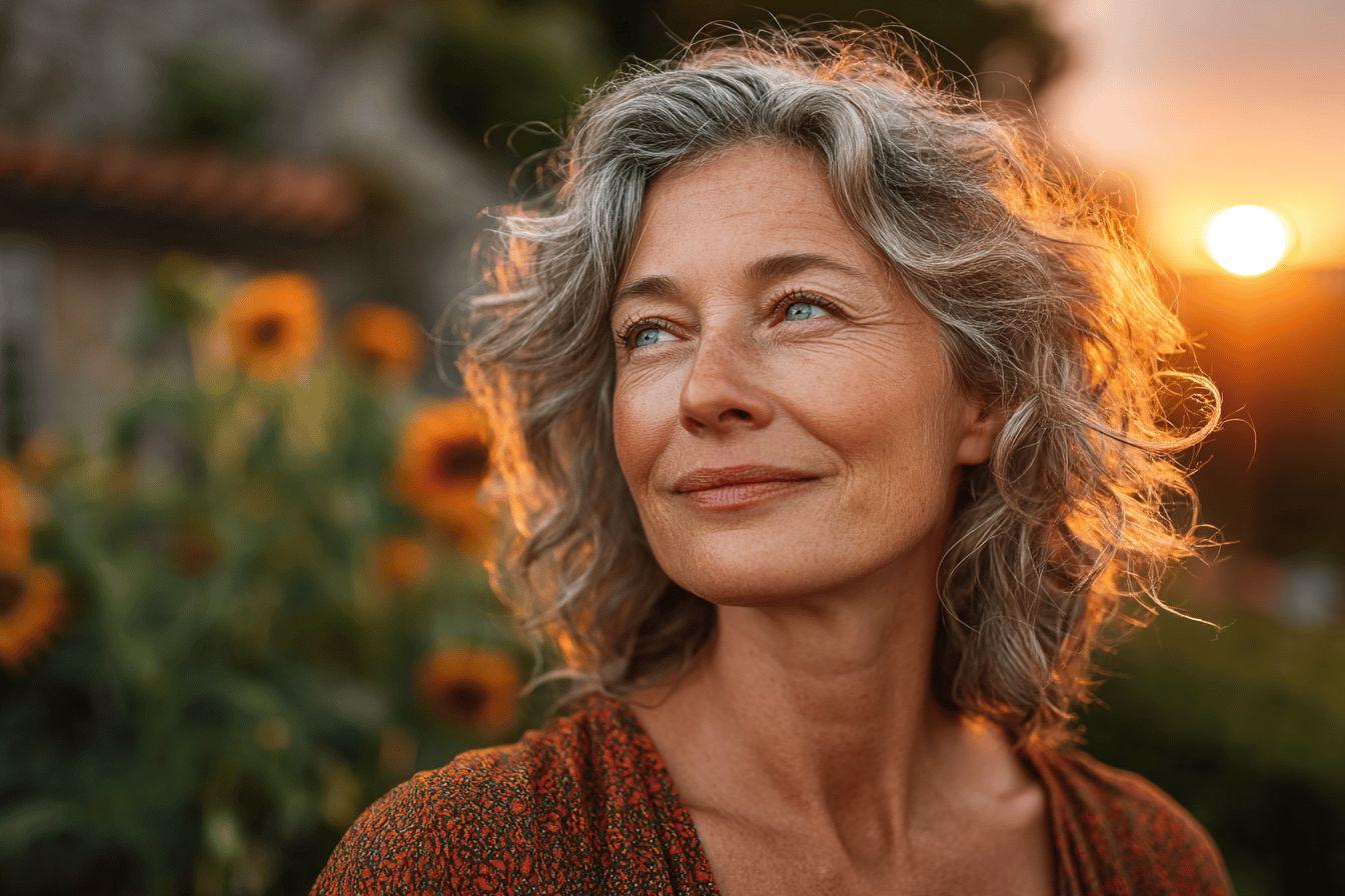 Femme &acirc;g&eacute;e souriante dans un champ de tournesols