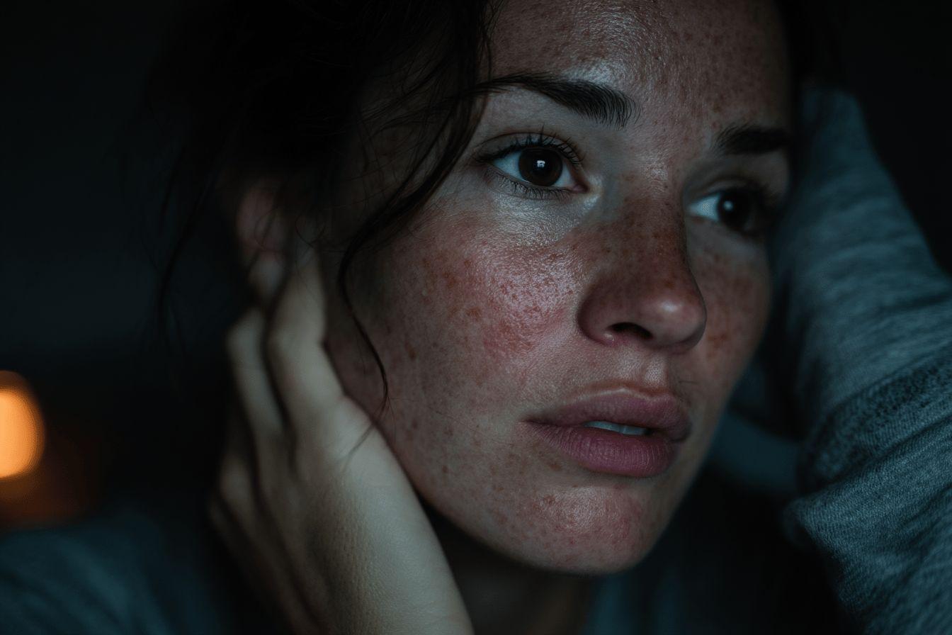Visage de femme m&eacute;lancolique avec des taches de rousseur