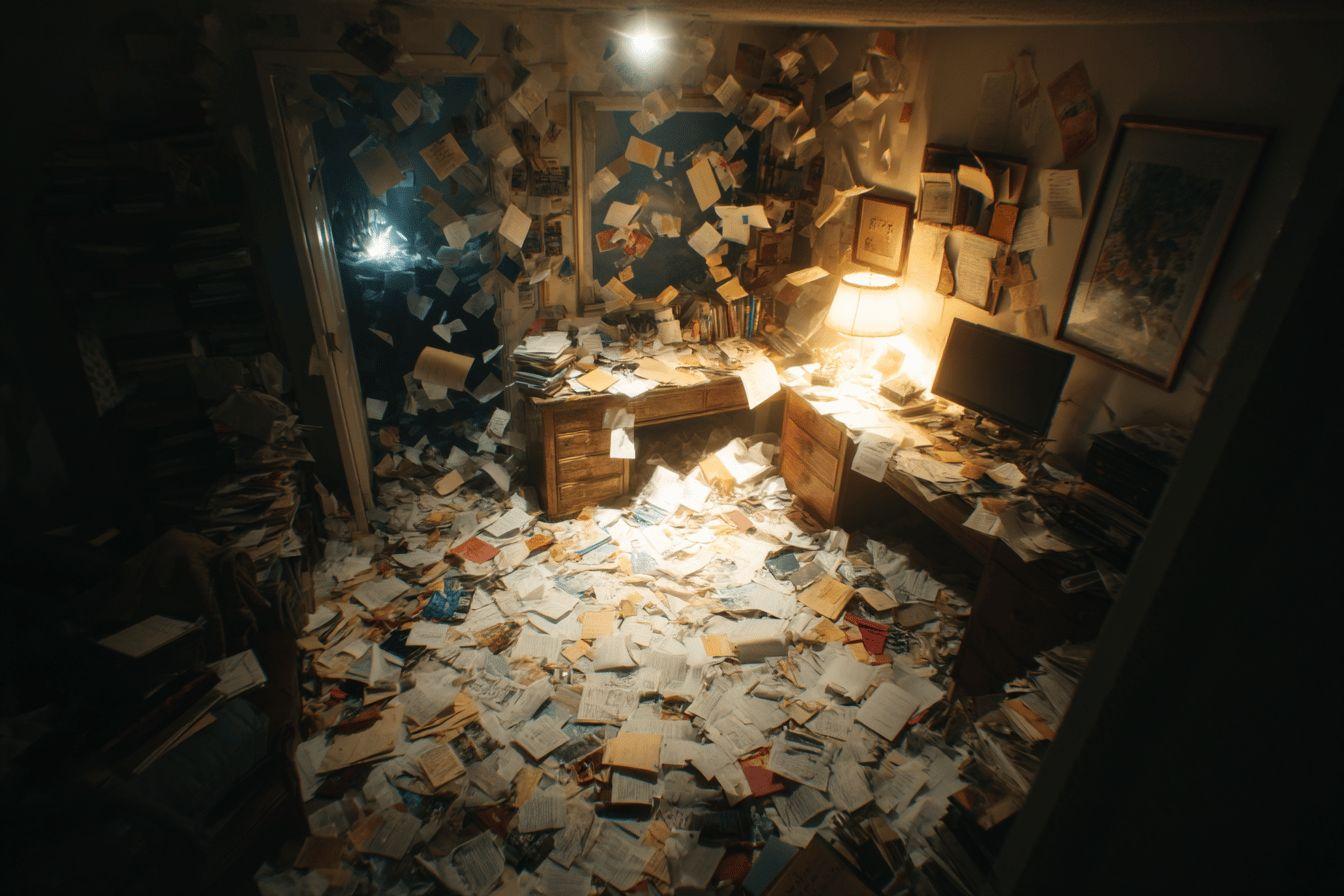 Espace de travail jonch&eacute; de documents, illumin&eacute; par une lampe