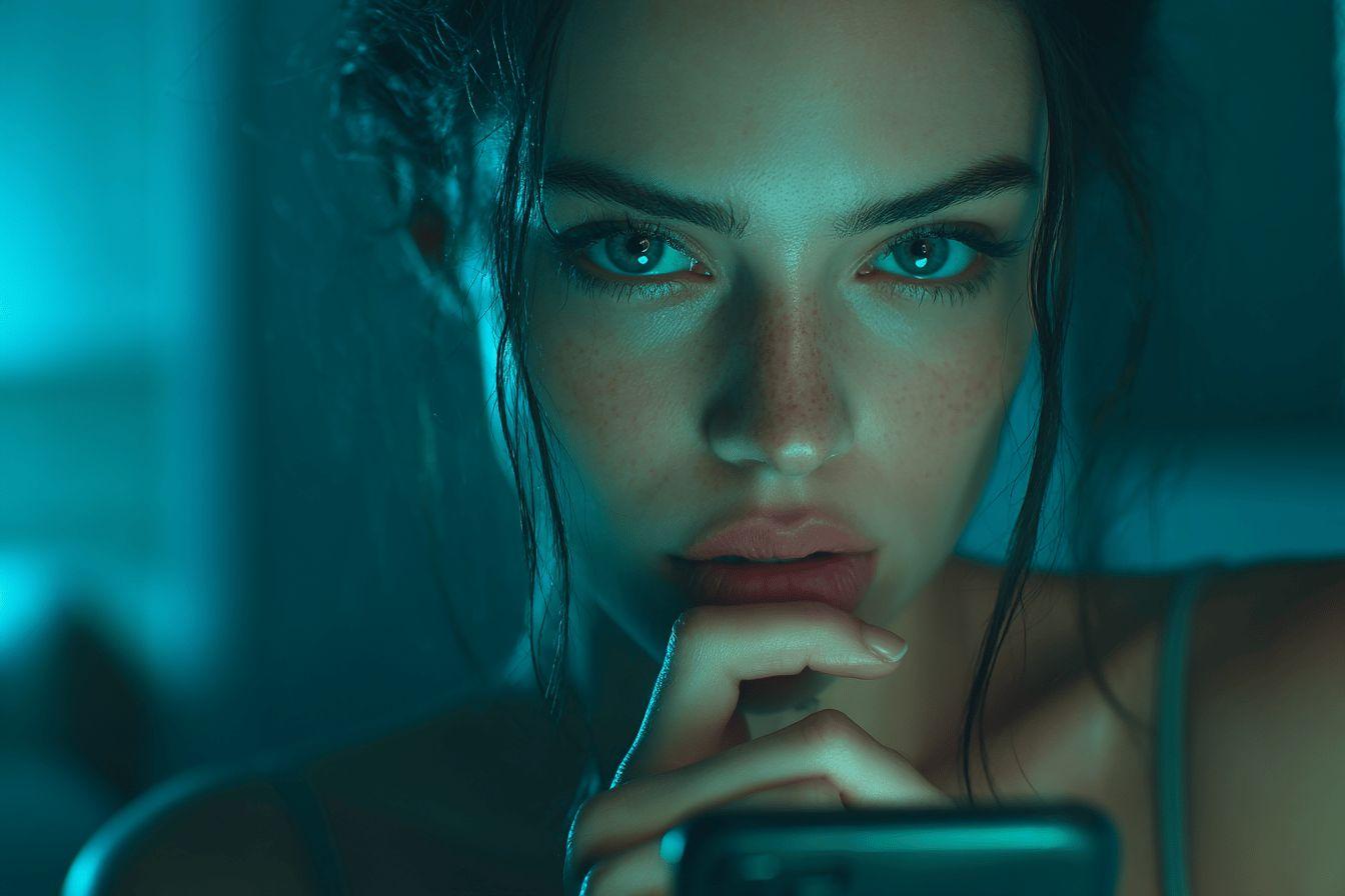 Portrait dramatique d'un visage f&eacute;minin avec &eacute;clairage cyan