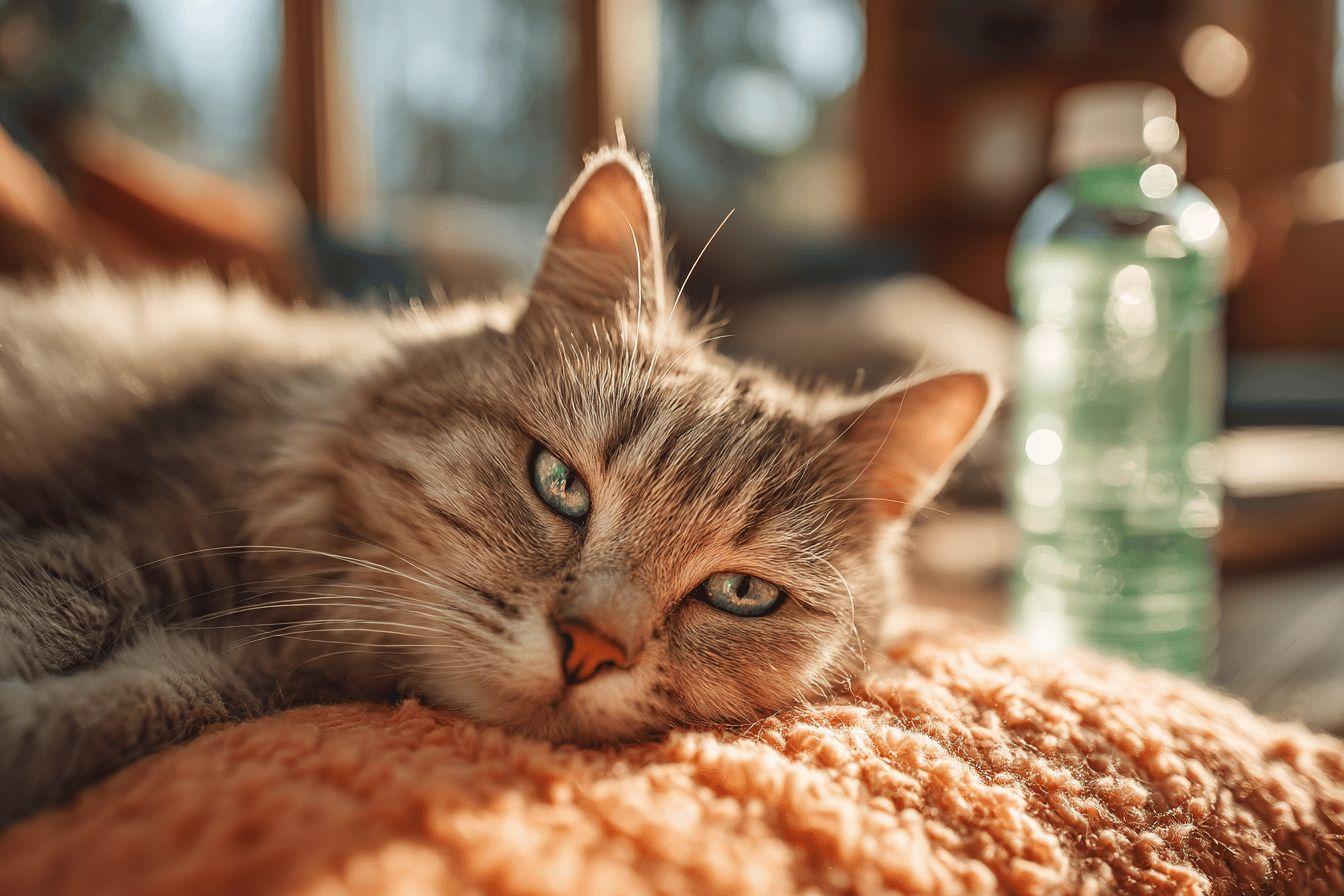 Chat aux yeux verts allong&eacute; sur un plaid moelleux