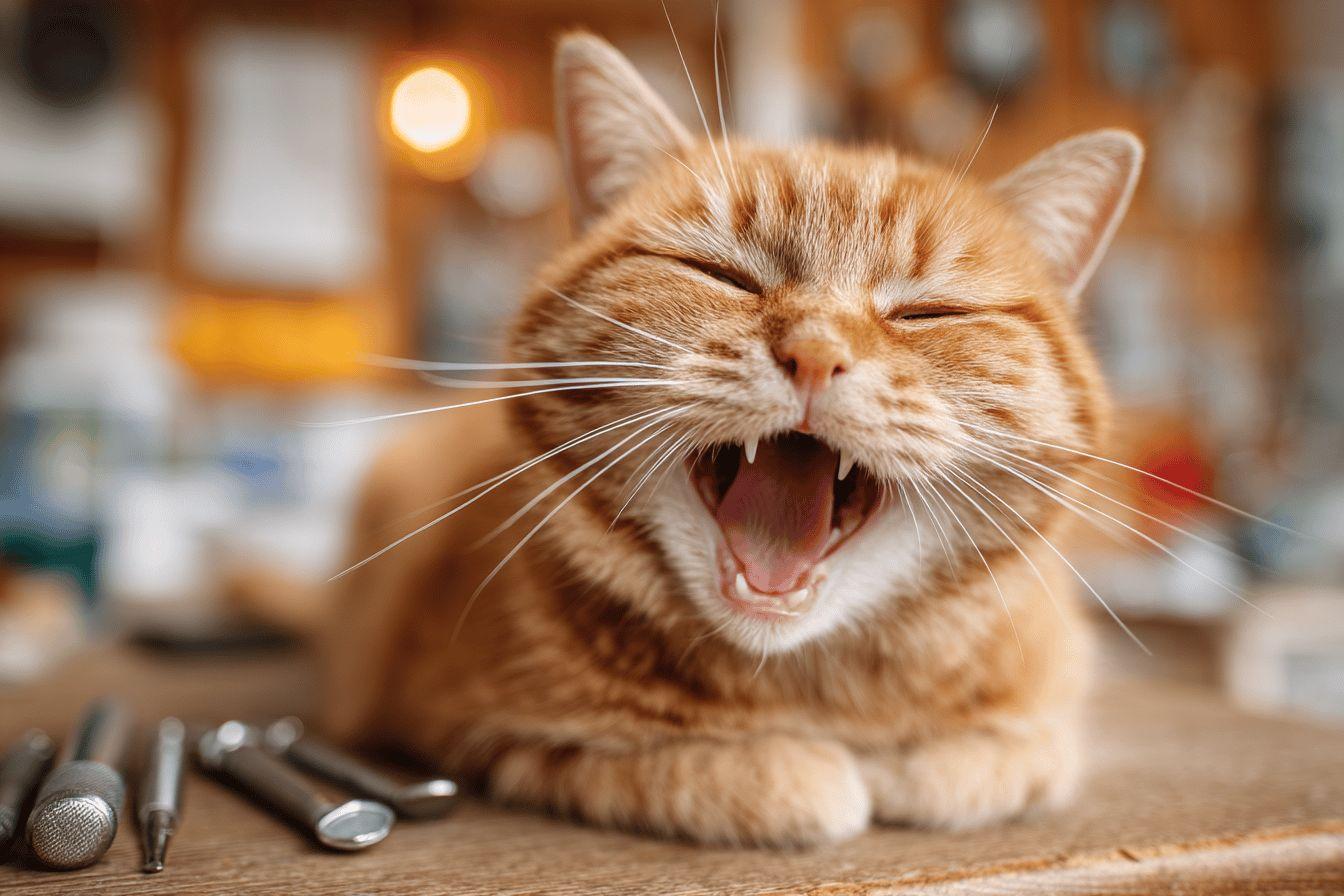 Chat orange aux yeux mi-clos qui b&acirc;ille largement