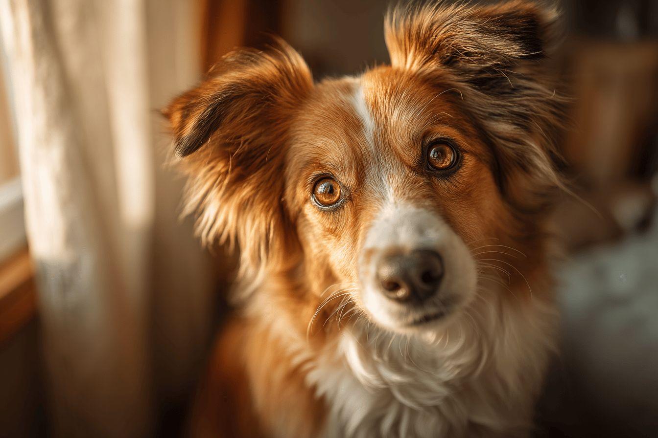 Portrait rapproch&eacute; d'un chien aux poils roux et blancs