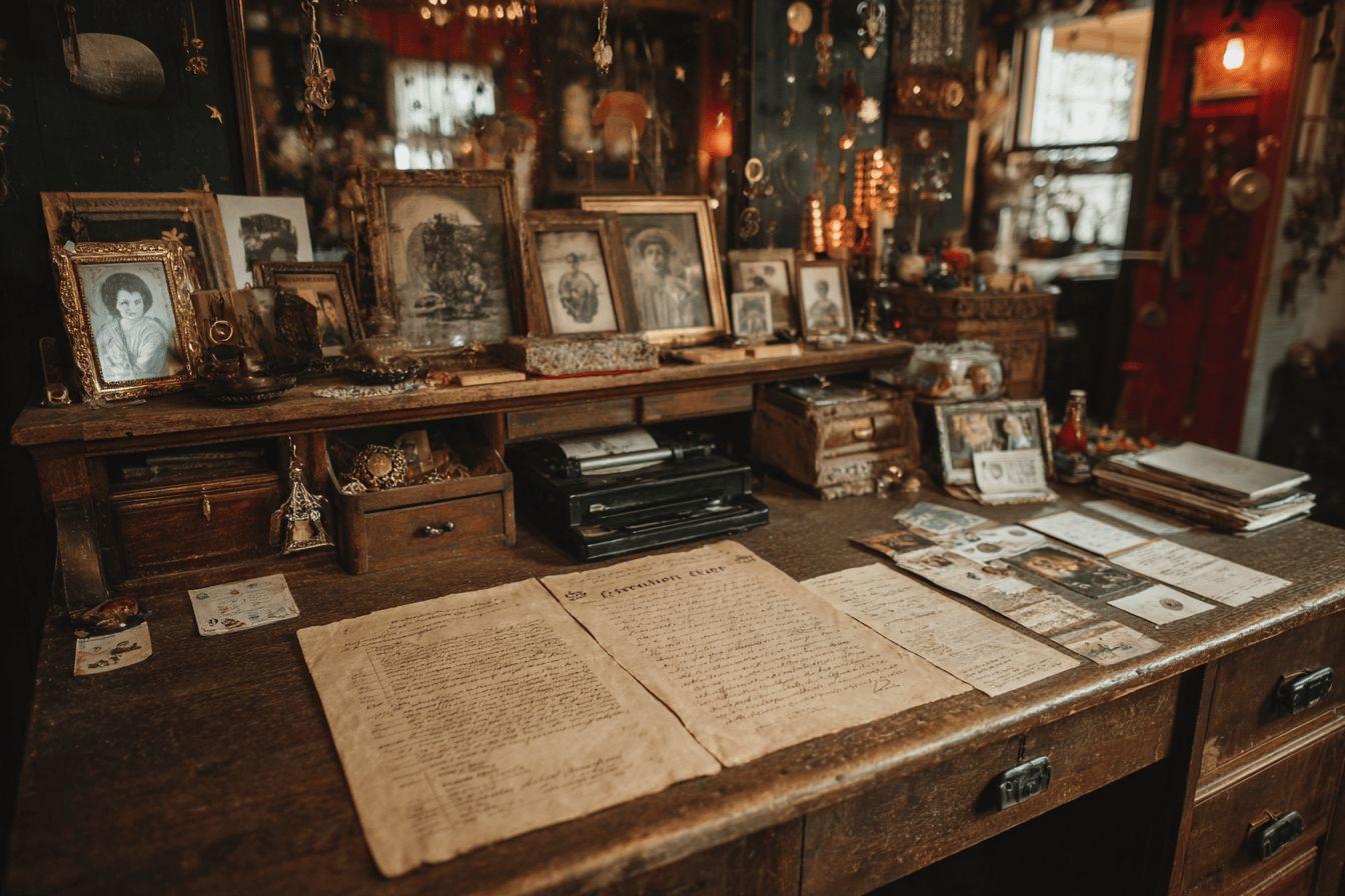 Bureau en bois ancien avec documents et cadres photographiques