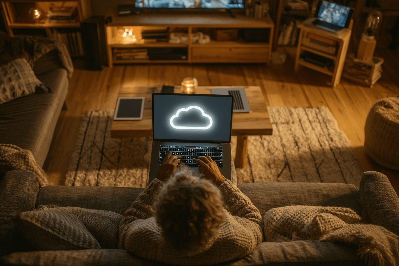 Ordinateur portable avec logo cloud sur un canap&eacute; douillet
