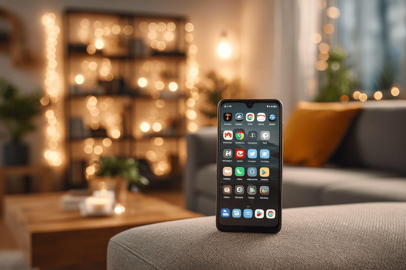 T&eacute;l&eacute;phone mobile sur un canap&eacute; avec des lumi&egrave;res douces