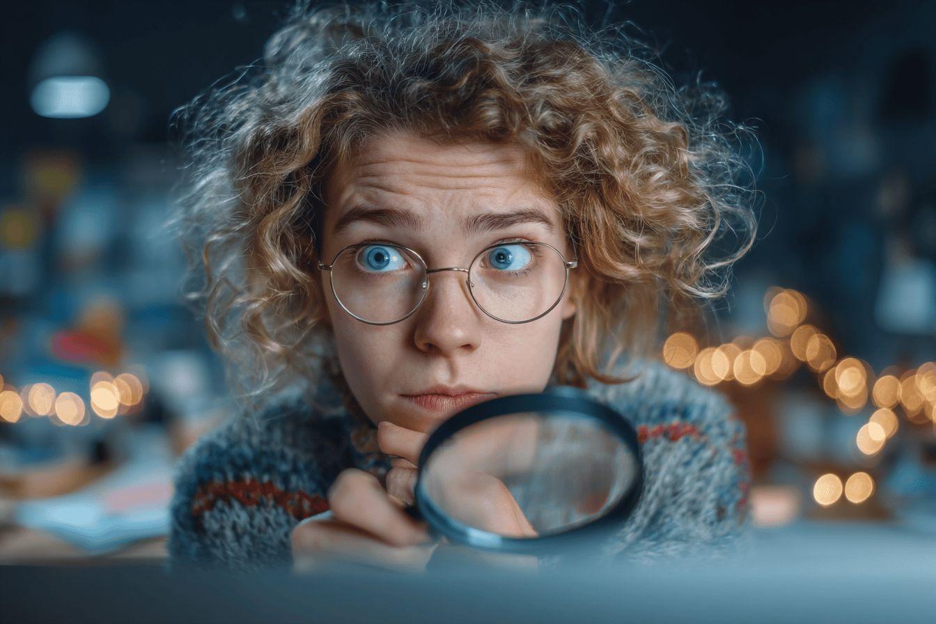 Jeune détective aux cheveux bouclés et lunettes rondes examine un mystère