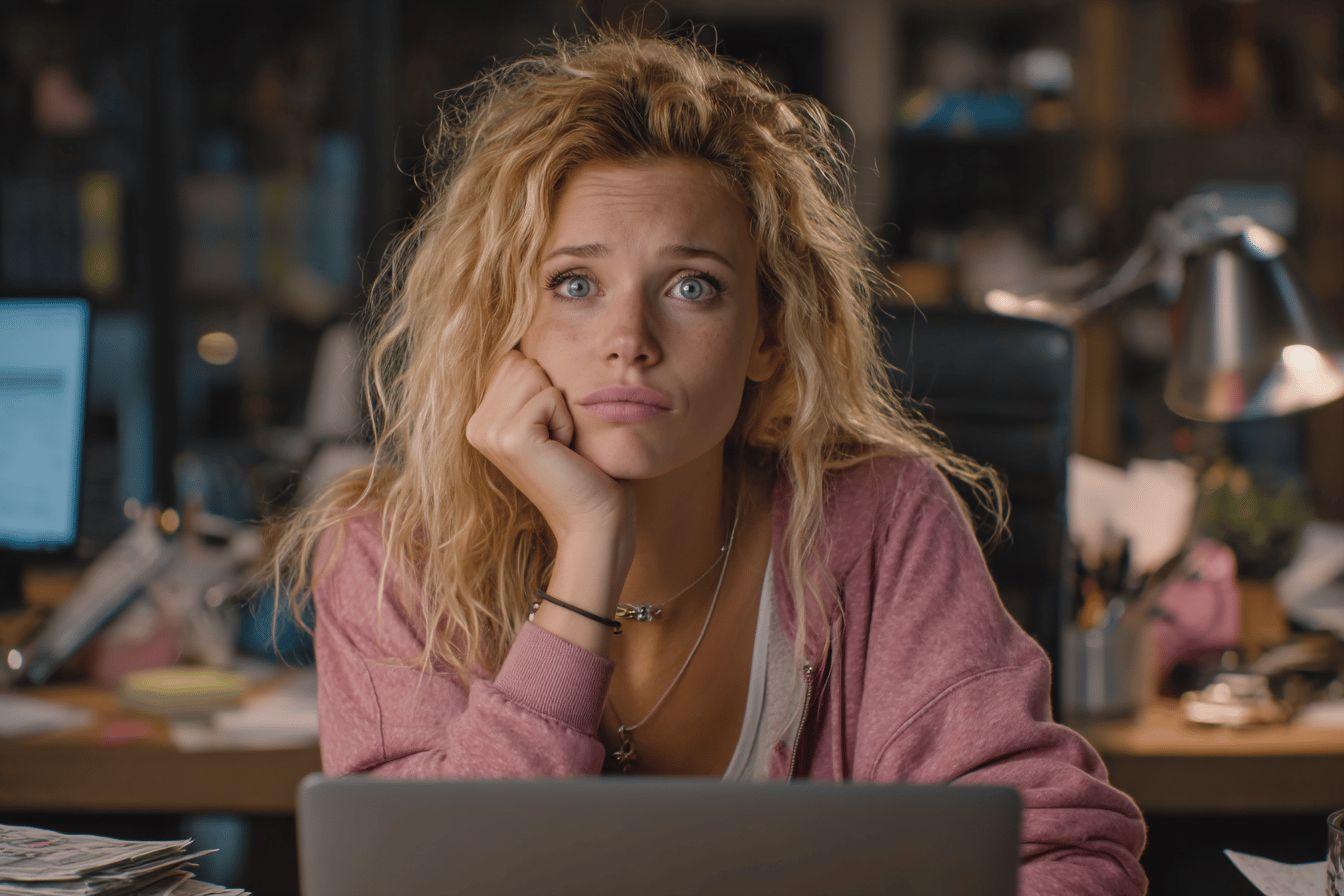 Femme épuisée appuyée sur sa main devant un ordinateur