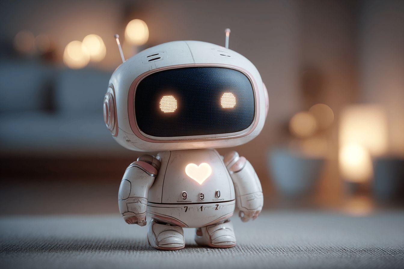 Robot blanc rond avec des yeux brillants et un c&oelig;ur lumineux