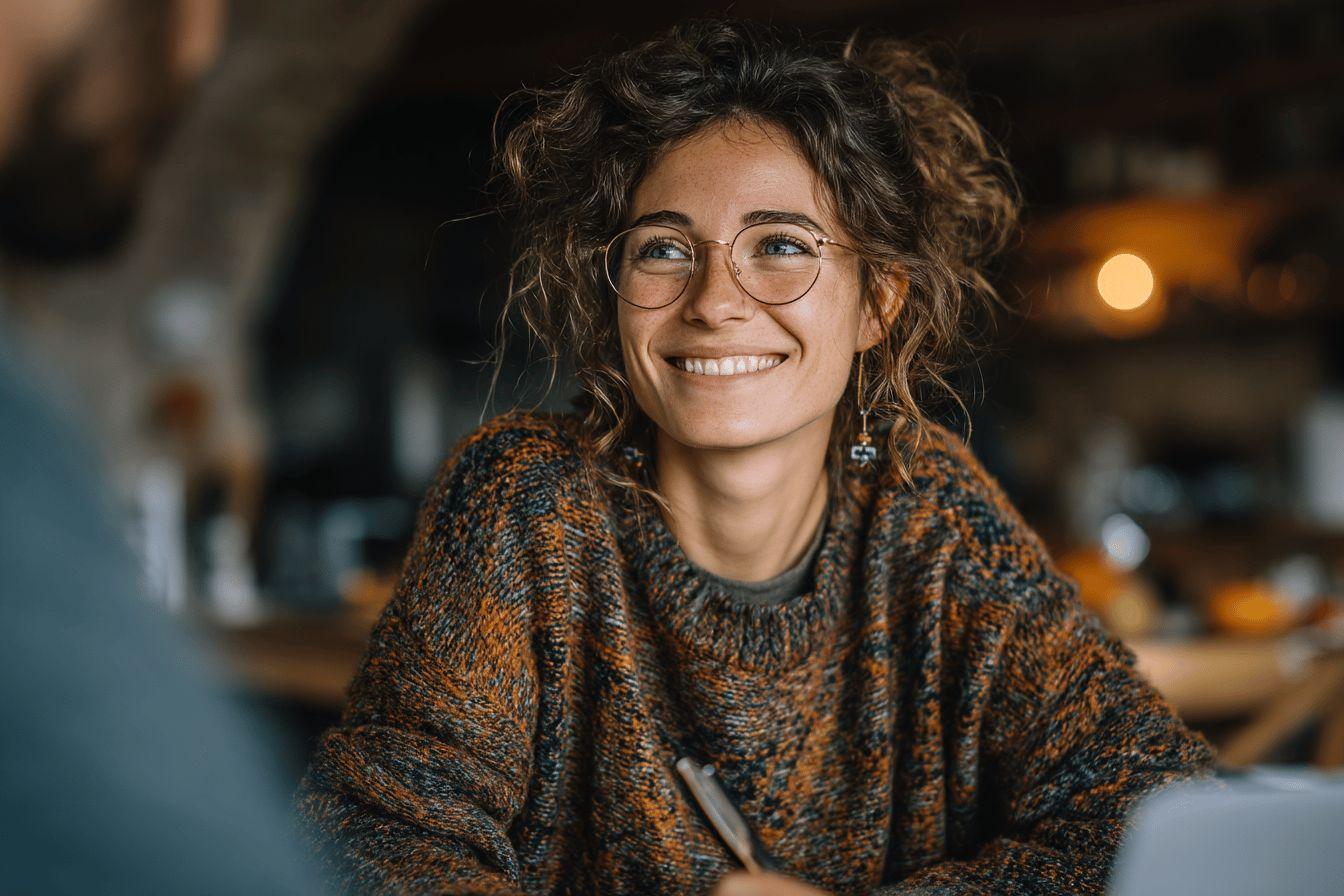 Jeune femme &agrave; lunettes, souriante, dans un pull textur&eacute;