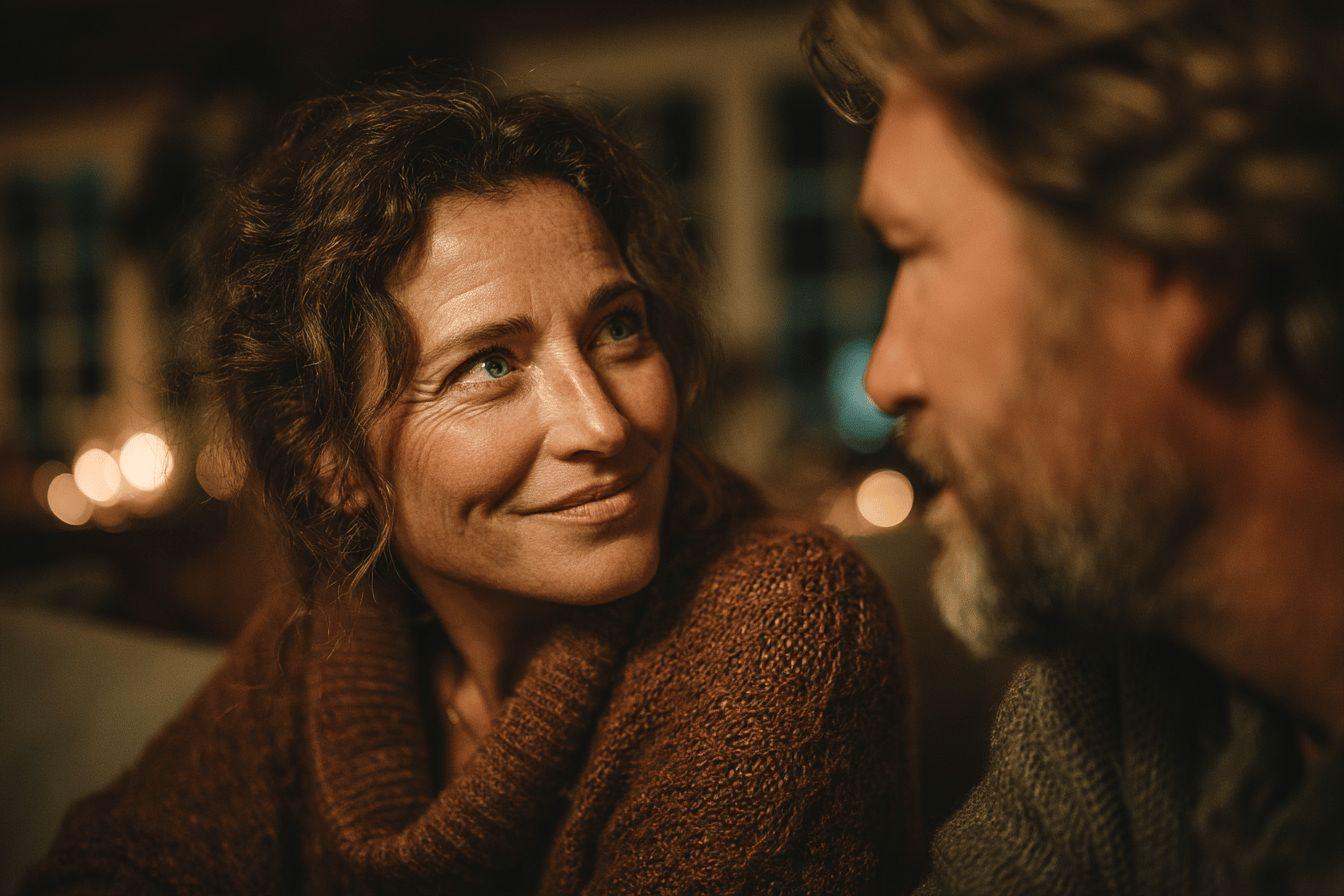 Femme souriante regardant tendrement un homme &agrave; la lumi&egrave;re tamis&eacute;e